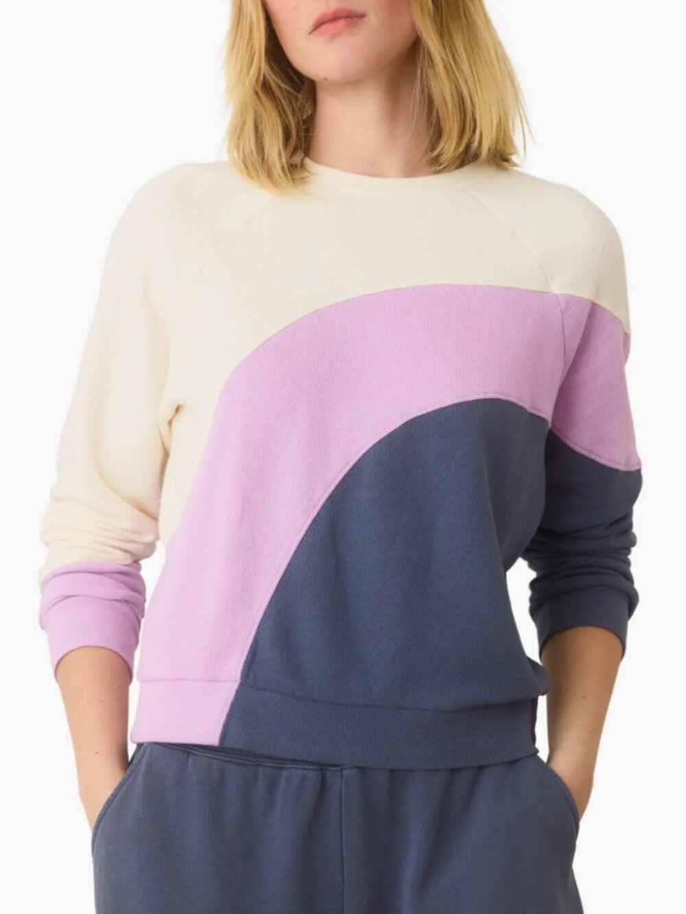 Marine Layer Cream Lavender Navy Wave Colorblock Crew